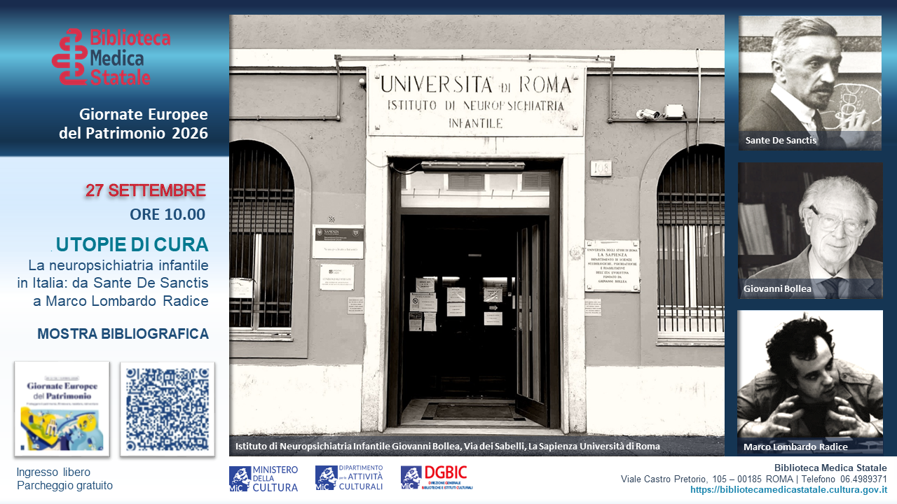 Giornate Europee del Patrimonio 2026 – Mostra bibliografica “UTOPIE DI CURA. La neuropsichiatria infantile in Italia: da Sancte De Santis a Marco Lombardo Radice”